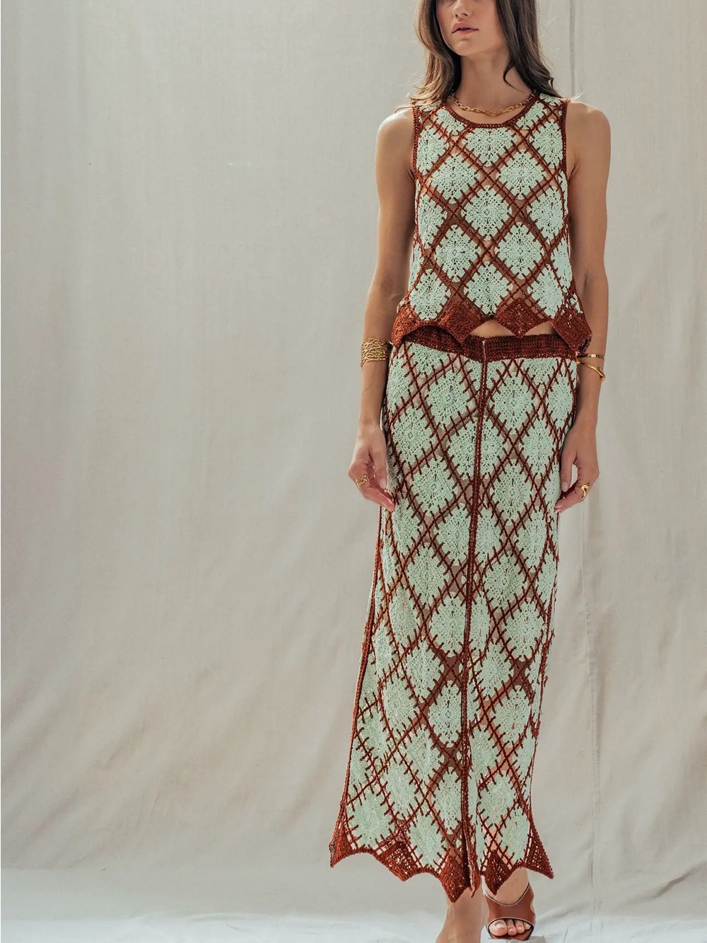 Sleeveless Mint & Rust Crochet Midi Dress - Picture 3 of 6